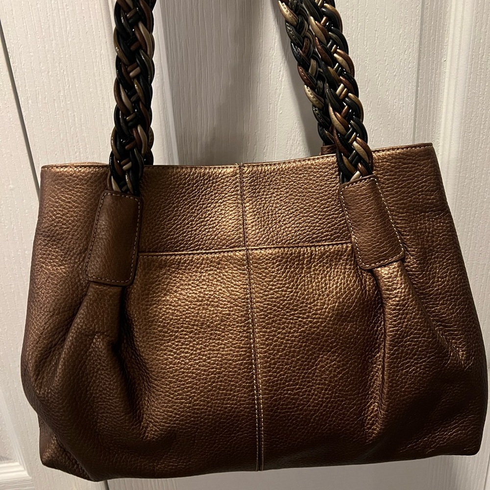 Brighton Bronze Pebbled Leather Braided Handle Purse - Picture 2 of 11